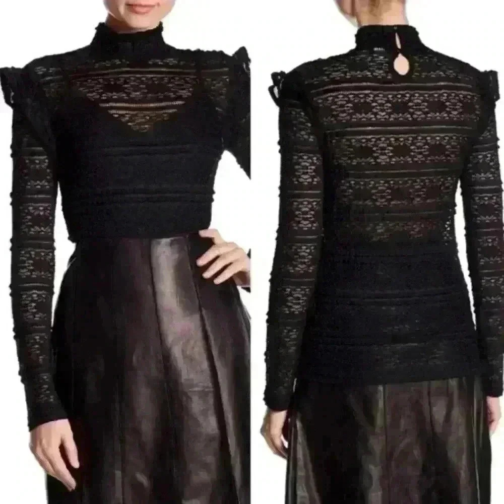 Melrose & Market Womens Black Lace Top Mock Neck Size XXS